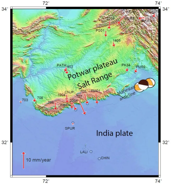 Figure 4. Velocities in the Potwar Plateau and Salt Range expressed in a reference frame 836 