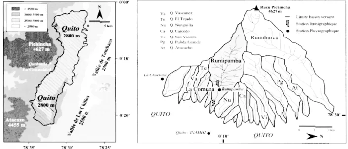 Fig. I  :  Situation générale  Fig. 2 :  Quebradas du flanc nord-oriental du Pichincha - Réseau de  mesures hydro-climatologiques 