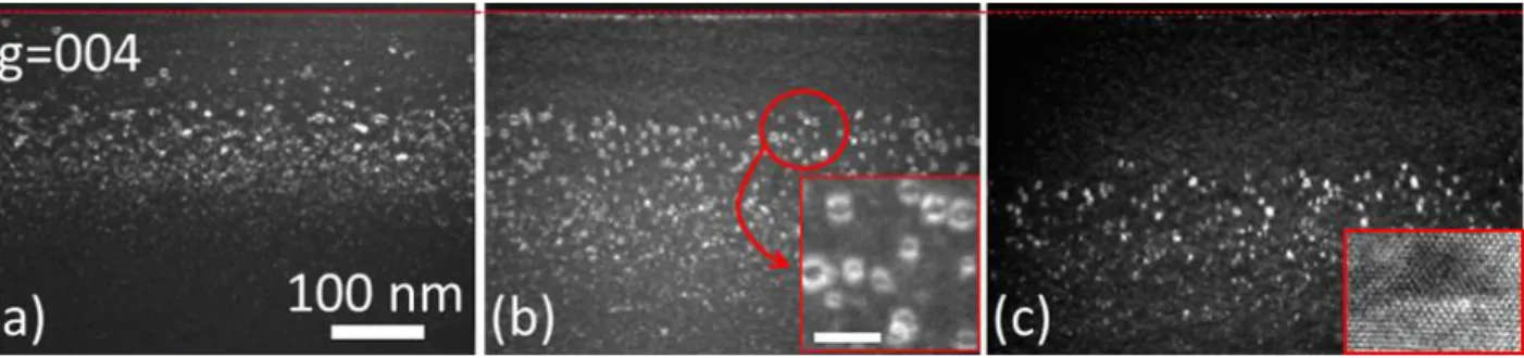 Figure 5. Cross section WBDF TEM images (surfaces are indicated by the red dashed line) of  the Silicon implanted sample annealed by (a) 10 pulses at 1.5 J/cm 2  (non-melt), (b) 1 pulse at 2.6  J/cm 2  (partial melt above R p )