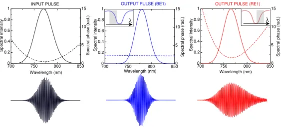 Fig. 8. Calculated spectral amplitude and phase of a chirped 20fs Fourier Transform limited input pulse (black), after propagation through BE1-type sample (blue), and after propagation through a RE1-type sample (red), both with 100µm thickness