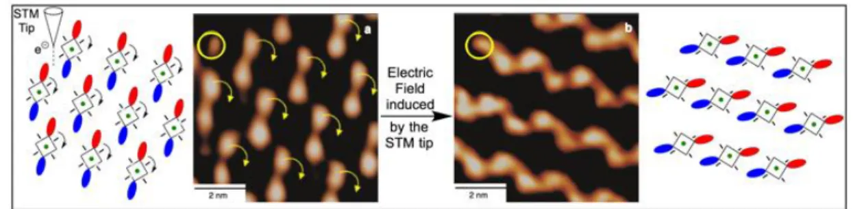 Figure  7.    Synchronized  switch  at  a  bias  voltage  of  1.2  V.  Images  and  respective  schematic  representations  before  (a)  and  after  (b)  the  application  of  an  electric  field  induced  by  the  STM  tip  (position of the tip shown by a