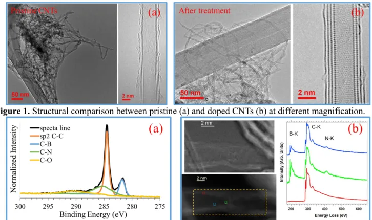 Figure 1. Structural comparison between pristine (a) and doped CNTs (b) at different magnification.