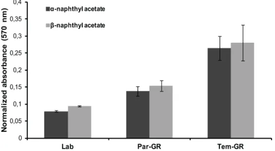Fig 1. Comparison of esterase A and B activity between the resistant (Tem-GR), parental (Par-GR) and susceptible (Lab) Aedes albopictus strains