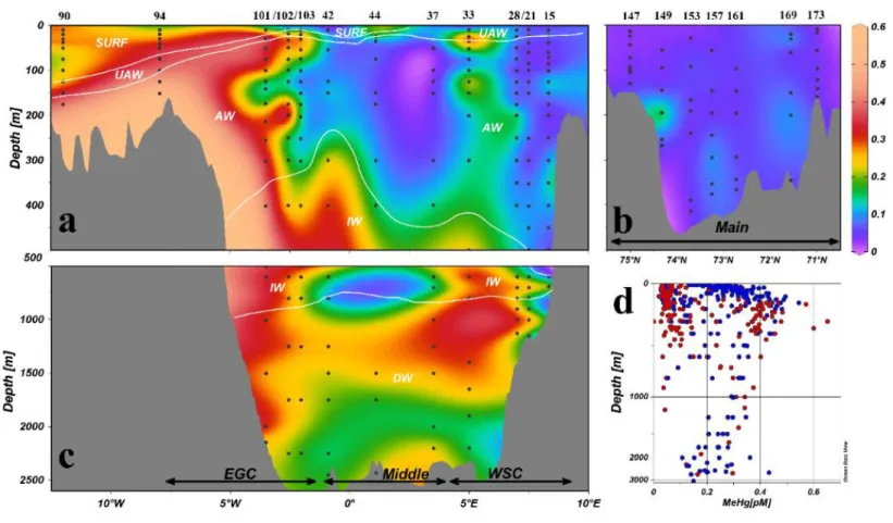 Fig. 4. The distribution of the MeHg (pM) in the upper 500 m depth along the Fram Strait transect (a) and along the Barents Sea transect  (b)  and  below  500  m  depth  along  the  Fram  Strait  transect  (c)