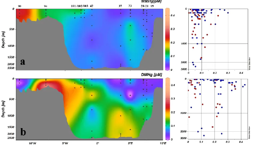 Fig.  5.  Overall  (a)  MMHg  (pM)  and  (b)  DMHg  (pM)  distribution  along  the  Fram  Strait  transect