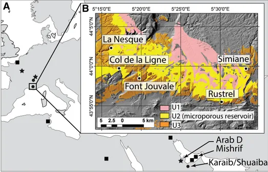 Figure 1. A: Map showing the distribution of a selection of well-known microporous carbonates  in Europe, North Africa, and the Middle East