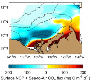Figure 12. Map of the sum of surface net community production (NCP) and sea-to-air CO 2 fluxes for the ArcticNet–Malina  cam-paign of mid-summer 2009
