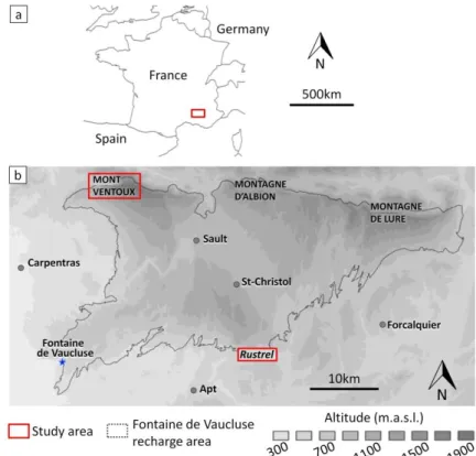 Figure 2: (a) The Fontaine de Vaucluse recharge area located in southeastern France; (b) The  experimental sites, Mont Ventoux at 1340 m and Rustrel at 530 m are located in the Fontaine de 