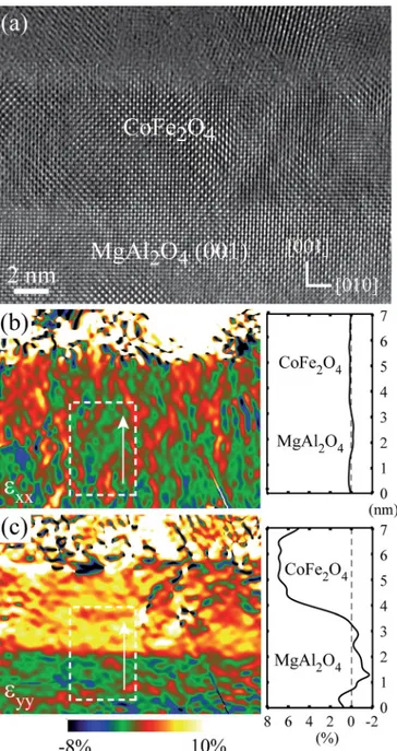 FIG. 1. HRTEM image of a CoFe 2 O 4 (001) film deposited on MgAl 2 O 4 (001) (a) with the corresponding geometrical phase analysis for the in-plane  defor-mation e xx (b) and the out-of-plane deformation e yy (c)