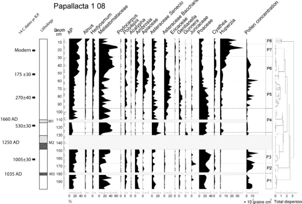 Fig. 5. Synthetic pollen diagram of core PA 1-08. Changes in arboreal pollen and 17 key taxa are presented along a depth scale