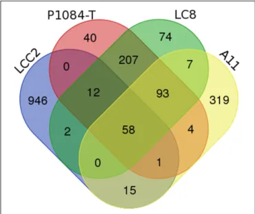 FIGURE 5 | Venn diagram comparison of best reciprocal hit obtained belonging to the predicted proteins of Orpheovirus, Cedratvirus, Pithoviruses.