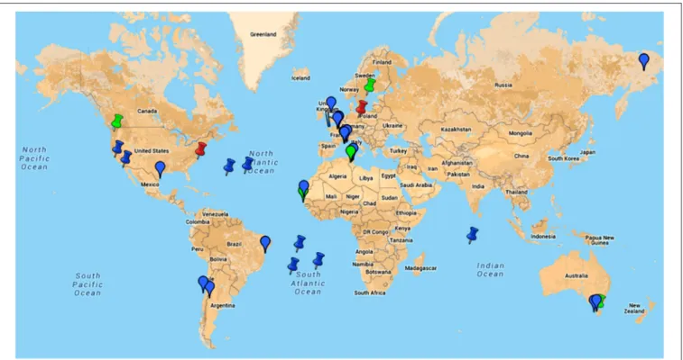 FIGURE 5 | Google map of locations of samples from where giant viruses of amoebas were isolated or in which metagenomic reads related to these viruses were detected