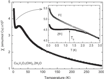 Fig. 1. Macroscopic susceptibility versus temperature in pure volborthite in 100 Oe. Inset: zoom on the very low temperature data