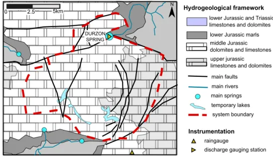 Figure 1: Hydrogeological framework and instrumentation of the Durzon area. Modied after [11, 12, 14].