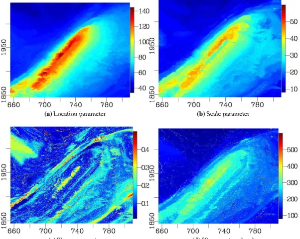 Figure 10: Cévennes-Vivarais GEV parameter surface responses and 50-year return level determined by the weighted log-likelihood estimator.