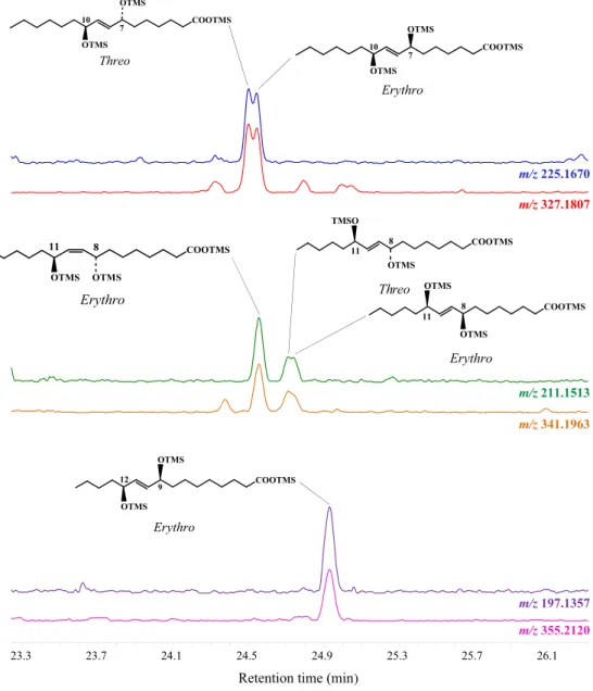 Fig. 3. Partial ion chromatograms (m/z 197.1357, 211.1513, 225.1670, 327.1807, 341.1963 and 355.2120) showing the presence of isomeric allylic dihydroxyhexadecenoic acids in superficial bottom sediments (0–1 cm).