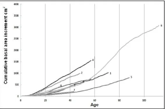 Figure 2. Curves of annual cumulative growth areas of tree rings as a function of  age in Aleppo pine 