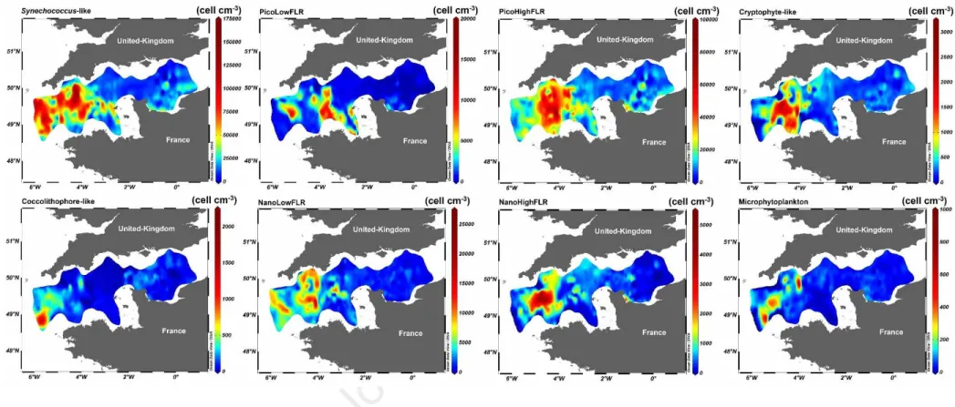 Figure 5: Spatio-temporal distribution of the abundance of the eight phytoplankton groups characterised by the PSFCM