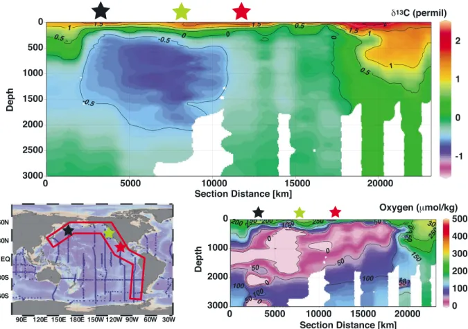 Figure 1. NW-SE Paci ﬁ c transection of δ 13 C and oxygen concentration in the Paci ﬁ c at intermediate depth