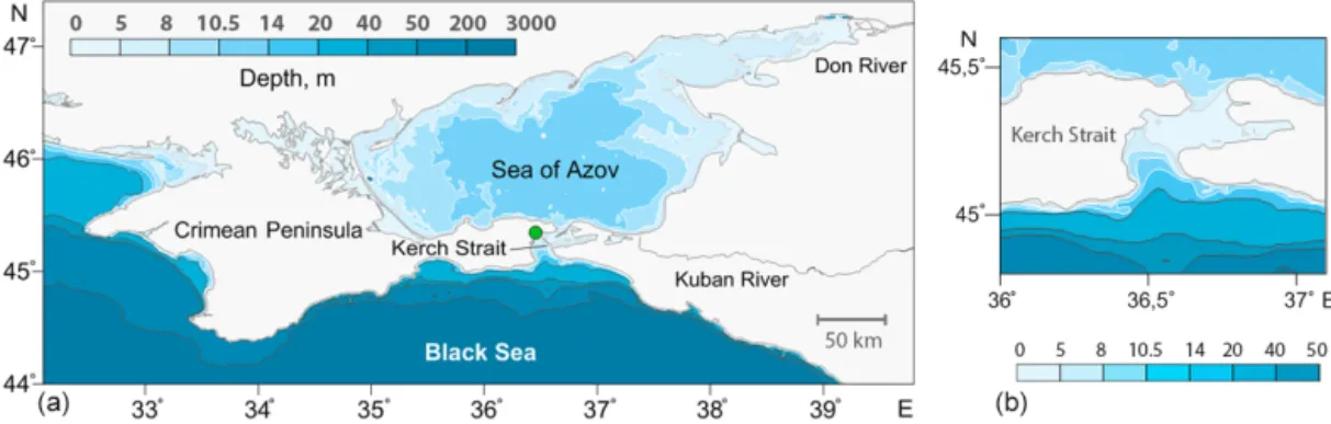 Figure 1. Bathymetry of the Sea of Azov and the north-eastern part of the (a) Black Sea and the (b) Kerch Strait