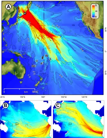 Figure 6. Tsunami maximum wave elevation (MWE in metres), across the Pacific Basin for (a) a M W = 9.1 earthquake source along the Kuril Trench (Sc