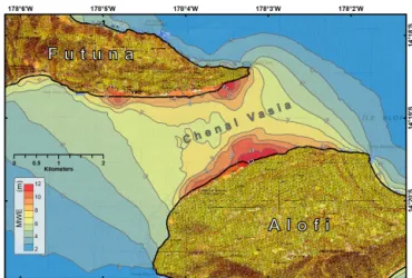Figure 12. Maximum wave elevation (in m) at Futuna and Alofi generated by a M W = 9.1 earthquake along the Tonga Trench.