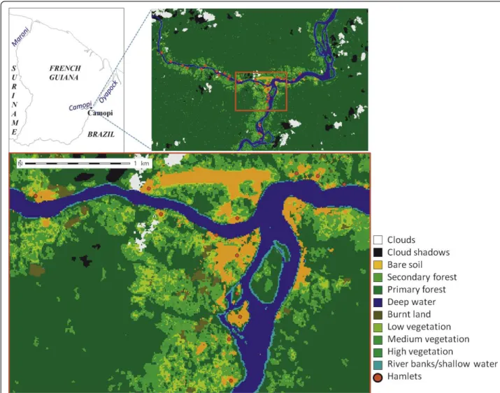 Figure 1 Land-cover characterisation of the study site, with a magnification of the confluence of the Oypapock and Camopi Rivers.