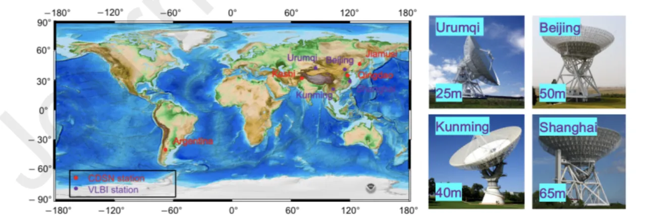 Figure 1: Geographical distribution for Chinese stations of CDSN and CVN. The red spot means Chinese radio track- track-ing stations and the yellow spot means VLBI stations