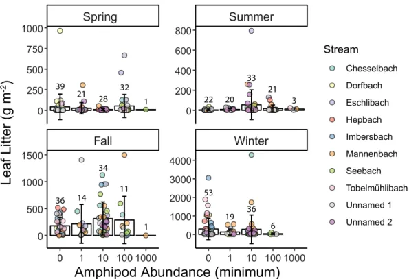 Figure 3. Standing stock of benthic leaf litter at sampling points where different  abundance classes of amphipods were observed