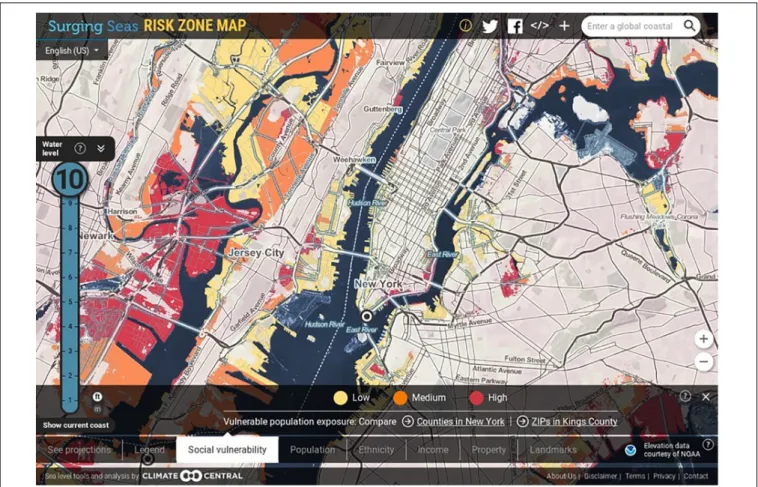 FIGURE 2 | Predicted social vulnerability of communities centered around New York City and Newark, New Jersey to a 10-foot storm surge or sea level rise