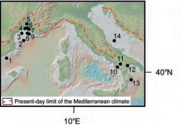 Figure 5 –  Location map of pollen sites considered  for reconstructing the history of the  Mediterranean sclerophyllous plants  since 3.6 Ma and the two sites showing  last occurrences of Zelkova