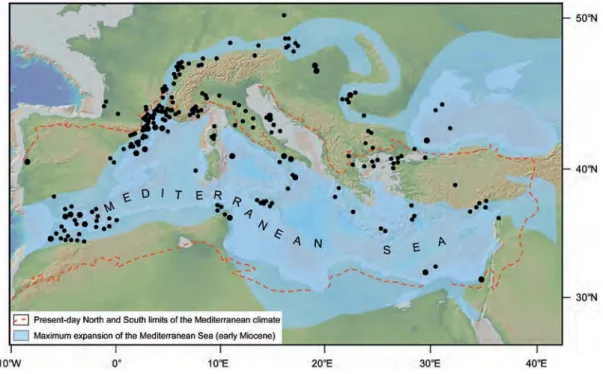 Figure 1 –  Geographic location of the studied Late Cenozoic pollen ﬂoras in the Mediterranean region  considered in this paper