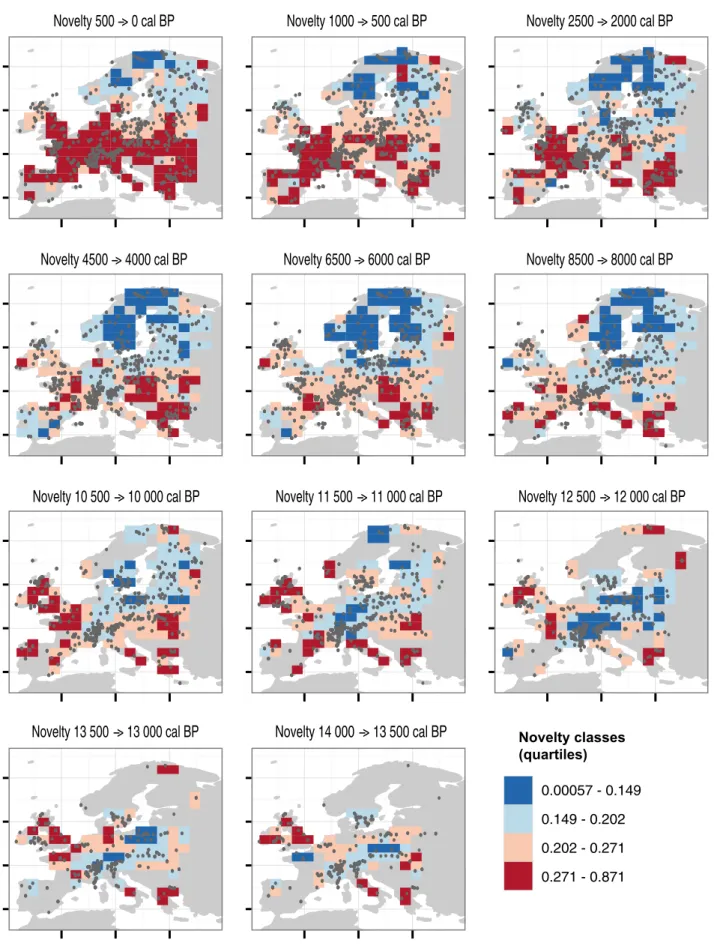 Figure 4 Gridded maps illustrating for selected baseline time slices the spatial patterns of novelty emergence for consecutive time slices (baseline age - &gt;