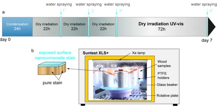 Figure 1. Experimental setup and procedure for weathering in climate chamber. a Weekly weathering cycle