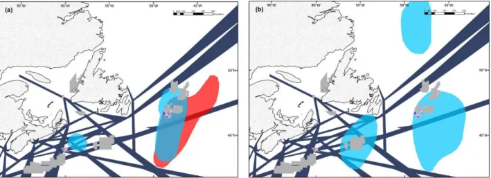 Fig. 3. Distributions in (a) winter (December 2010 and January 2011), and (b) spring (April 2011)  of tracked little auks (Alle alle) from NWG (light blue) and EG (red) in relation to human activities  off Newfoundland