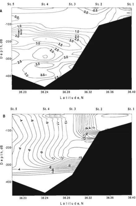 Fig.  4.  Cross-slope distribution  of  (A)  Brunt-Vaisala frequencies  (c  h-')  and  (1979b), to be  10 cm  between  600  (B)  computed  geostrophic  velocities  traverse of  Cadiz (cm  S-')  along  the  section  at  the  and  1500  m  depth along the we