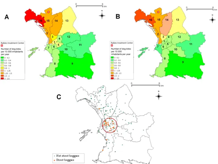 Figure 1. Maps showing (A) the location of exposure and (B) the places of residence of injured patients presenting to the Marseille rabies treatment center, and (C) the cluster of bites due to dogs owned by street beggars (C)