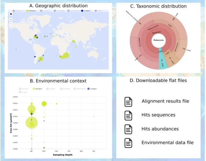 Figure 2. The Ocean Gene Atlas interactive results panels. (A) Hits abundances are represented by the diameter of filled circle for each sample at user selected sampling depths (e.g