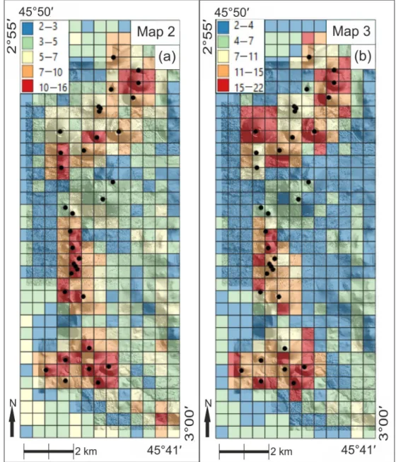 Figure 9. Geodiversity maps of the examined area. (a) Geomorphology subindex values were cal- cal-culated with the addition of two variables: cone presence in a certain cell (score 0 or 1) and the  number of different sectors in a certain cell (Map 2)