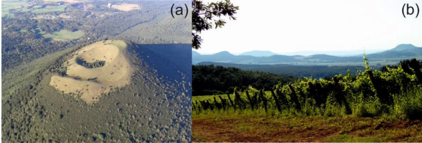 Figure 1. (a) A simple, regular scoria cone: Puy de Côme in Chaîne des Puys, Auvergne, France