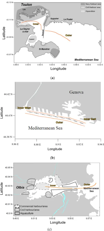 Figure 1. Sampling locations (a) Toulon, (b) Genova and (c) Olbia, with orange lines representing  the performed transects