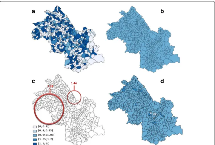 Fig. 5 Clusters of colon-rectum cancer cases found by different methods: a geographic variations of standardized incidence ratio, b Mapping of the log relative risks estimated by the CAR model using hierarchical Bayesian spatial modeling without adjustment