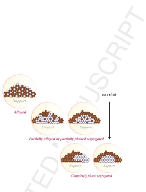 Figure 6: Some examples illustrating different configurations in a binary system. The completely phase segregated has two forms: a core/shell (right) and a Janus form (left) after the original figure from Wanjala et al [76]