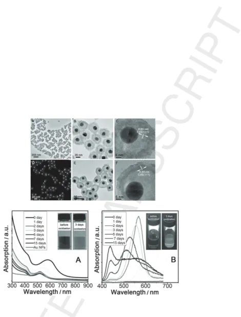 Figure 10: Transmission electron microscopy images of Au@CdS nanostructures after etching of CdSe by dilute H 2 O 2 for 7 days (A-C) and 15 days (D-F)