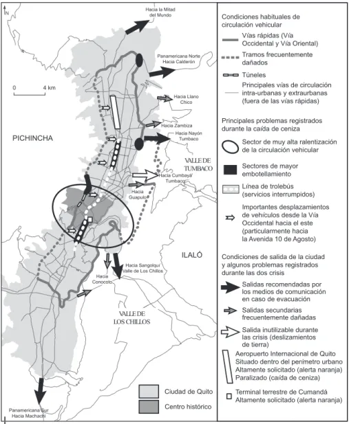 Figura 3 – Efectos de la alerta naranja y de la caída de ceniza sobre la movilidad en Quito  (octubre de 1999) Realización: R