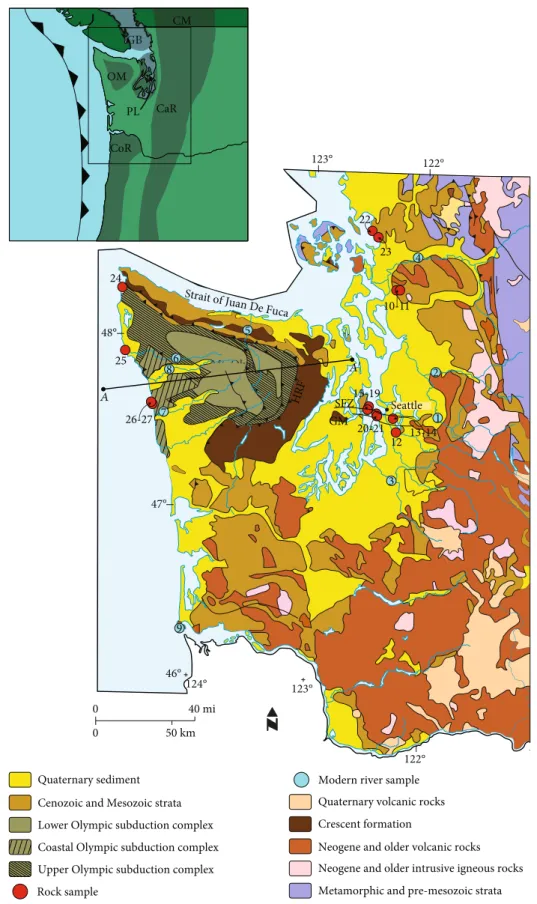 Figure 1: Regional geologic map of the Olympic Peninsula, Puget Lowland, and the eastern extent of the North Cascades (modi ﬁ ed from [7, 94]).