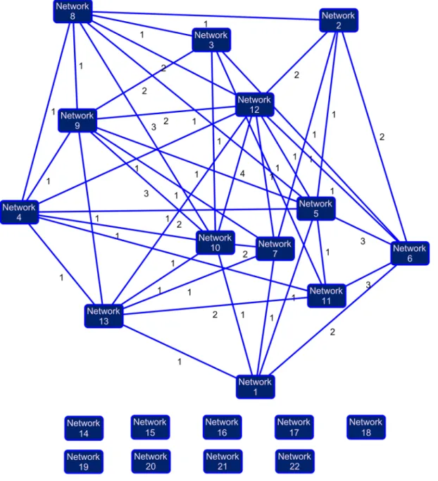 Figure 2. Interconnections between different networks. From our 195 differentially expressed genes, and the applied parameters (EV = 1.28;