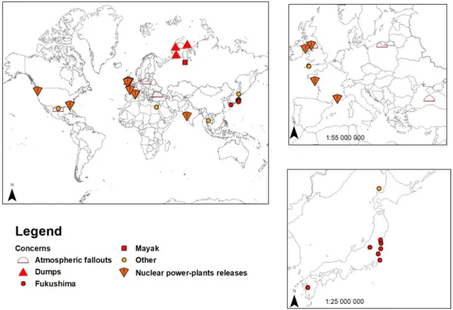 Figure 1 : Locations of the sampling sites relative to the documents reporting results on  cesium desorption