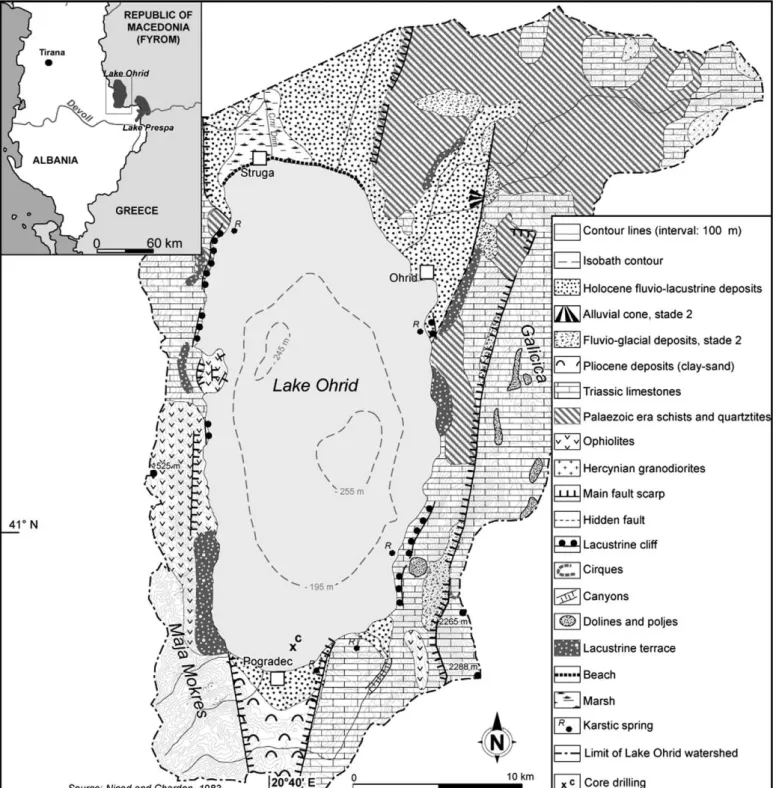 Fig. 1. Geological/geomorphological map of the Lake Ohrid basin, southern Balkan, showing the location of the core site.