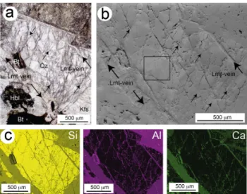 Figure 4. Representative quartz grain (Qz) studied with EBSD (area shown in Fig. 3a). (a) Microphotograph (plane polarized light) of the quartz grain bound by laumontite (Lmt) veins (large black  ar-rows) and surrounded by K feldspar (Kfs), plagioclase (Pl